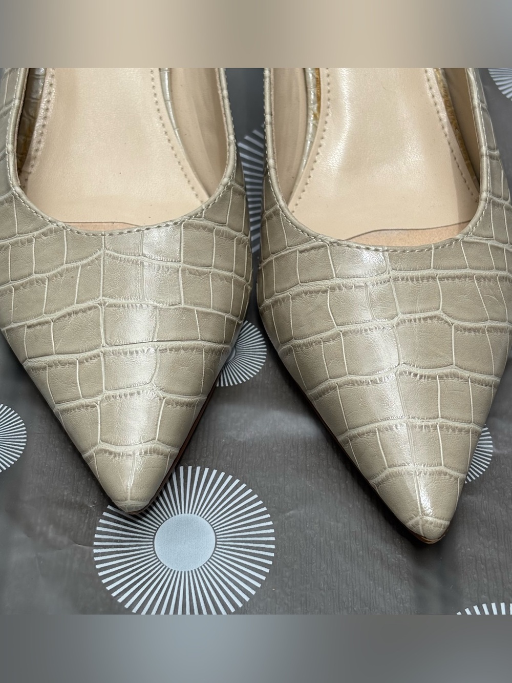 Nine West Taupe Croc-Embossed Angle Pointed Toe Slip-On Heeled Mules - Picture 8 of 16